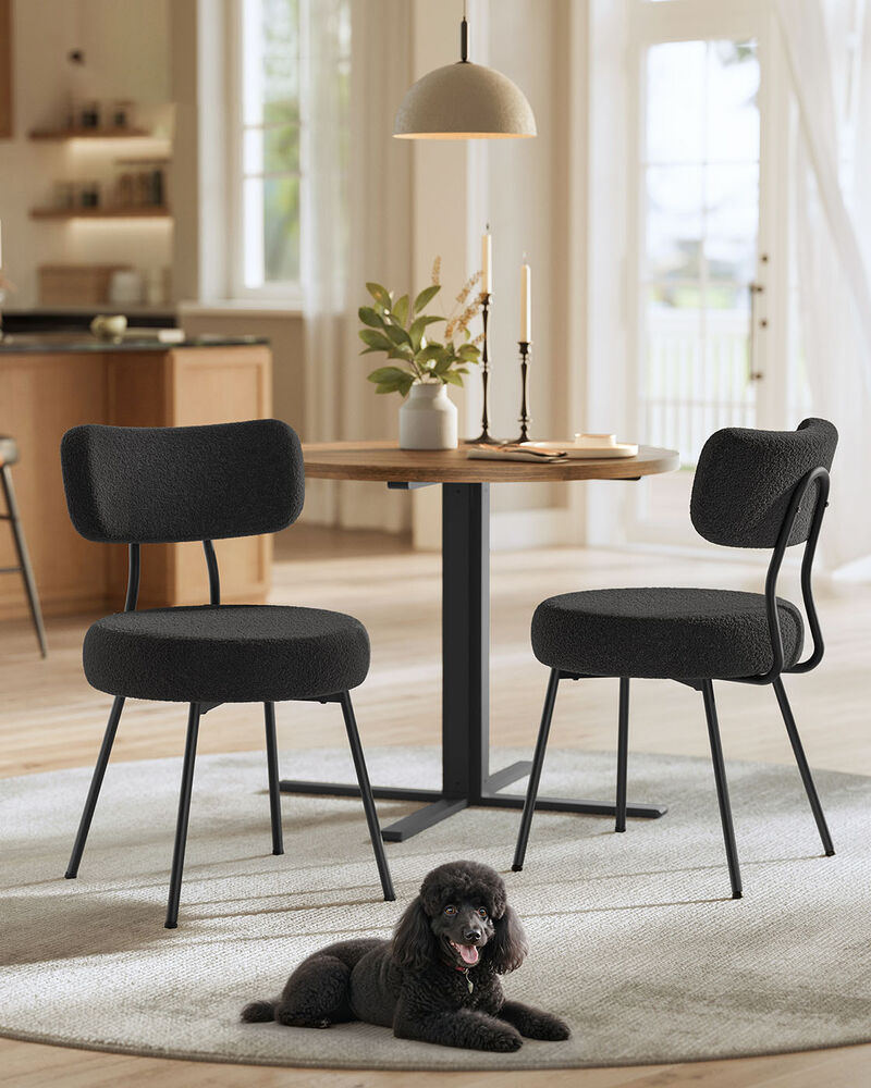 Modern Black Dining Chairs Set of 2 Teddy Fleece with Metal Frame image number 1