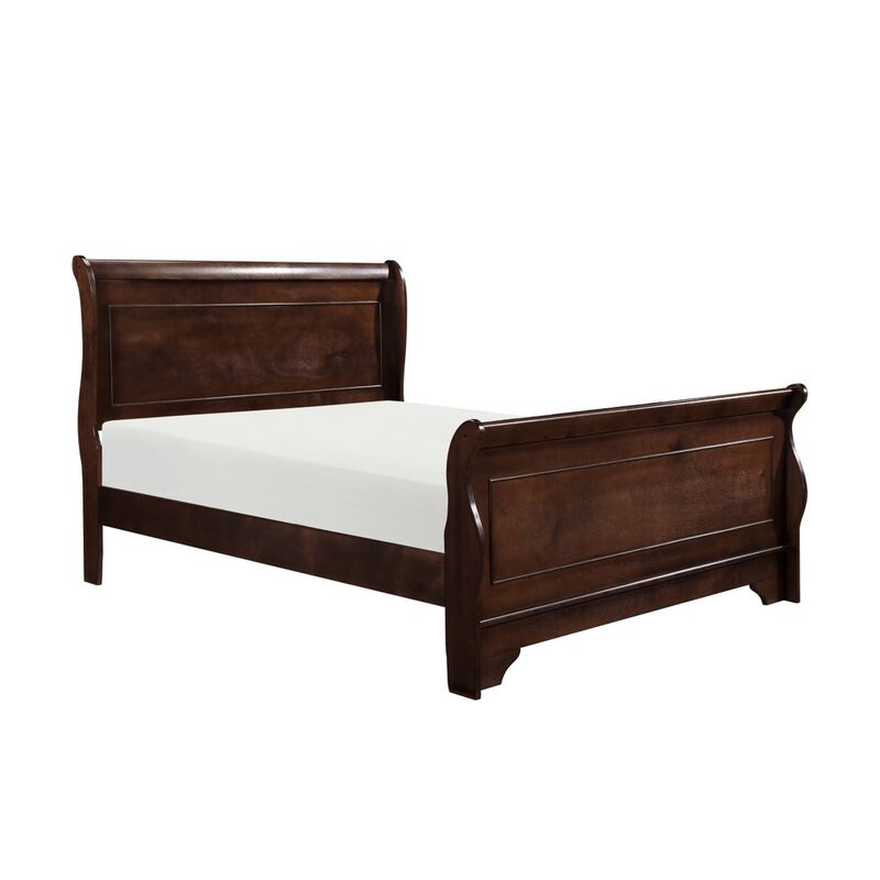 Transitional Queen Sleigh Style Bed, Dark Wood Frame, Cherry Brown Finish - Benzara