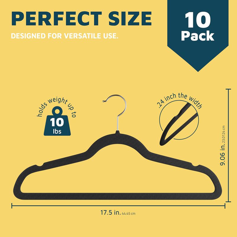 Velvet Clothes Hangers &ndash; With 360 Degree Swivel Hook and Non-Slip Shoulder Notch, Holds Up To 10 lbs, Heavy Duty Hanger Set, For Organizing Suit, Dress, Coat, and Clothes, Pack of 10, Black image number 1