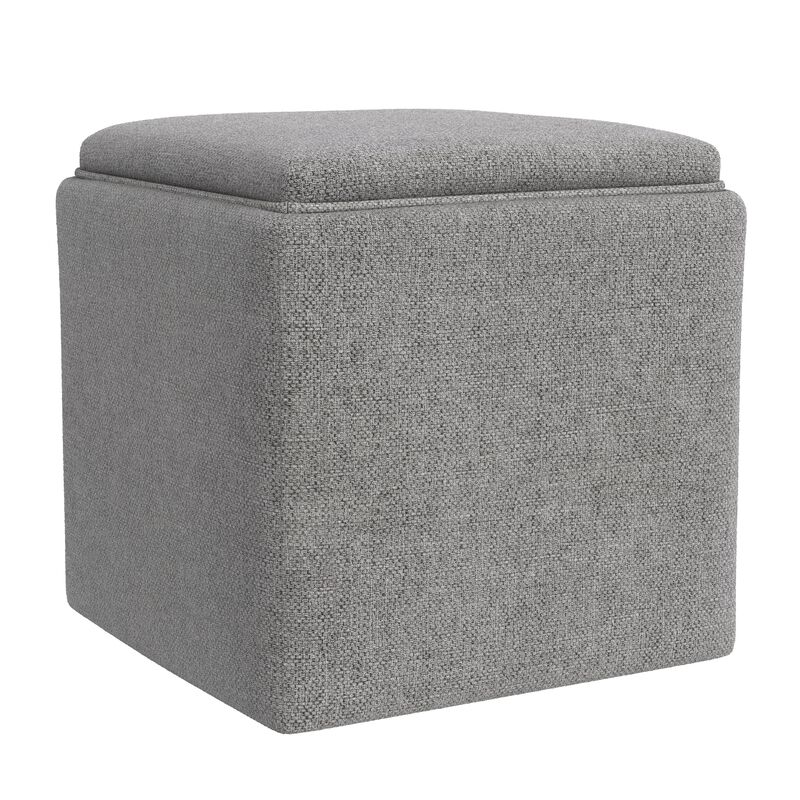 Soa Storage Accent Ottoman, 18 Inch Square Tray Top, Gray Woven Fabric