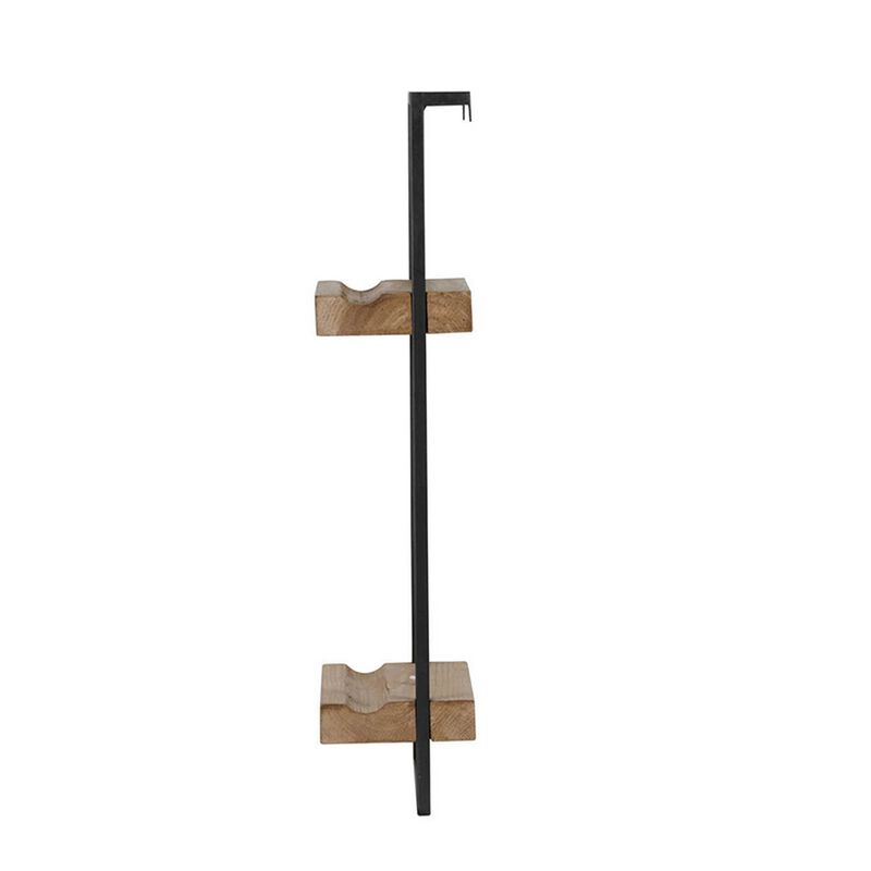 Yin 27 Inch Wall Shelf with 2 Tiers, Rectangular Black Iron, Brown Wood - Benzara