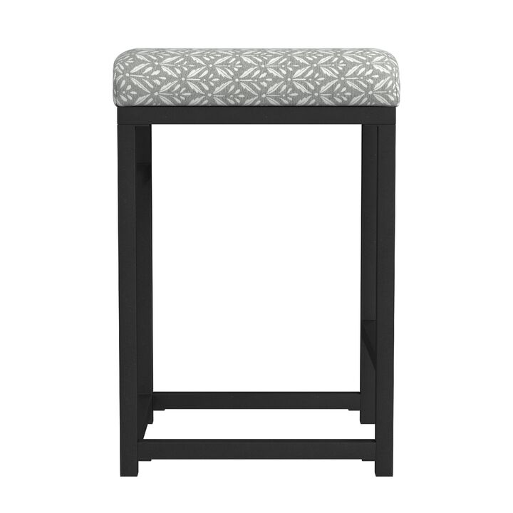 Toko Backless Counter Stool, Floral Gray Polyester, Black Metal