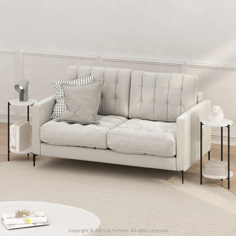 2-Tier Tall Round Side End Table with Sturdy Metal Legs, Set of 2, White/Black