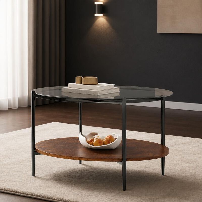 GOODSILO Round Modern Coffee Table with Tempered Glass Top and Solid Wood Storage Shelf, Functional Stylish Living Room Centerpiece image number 3