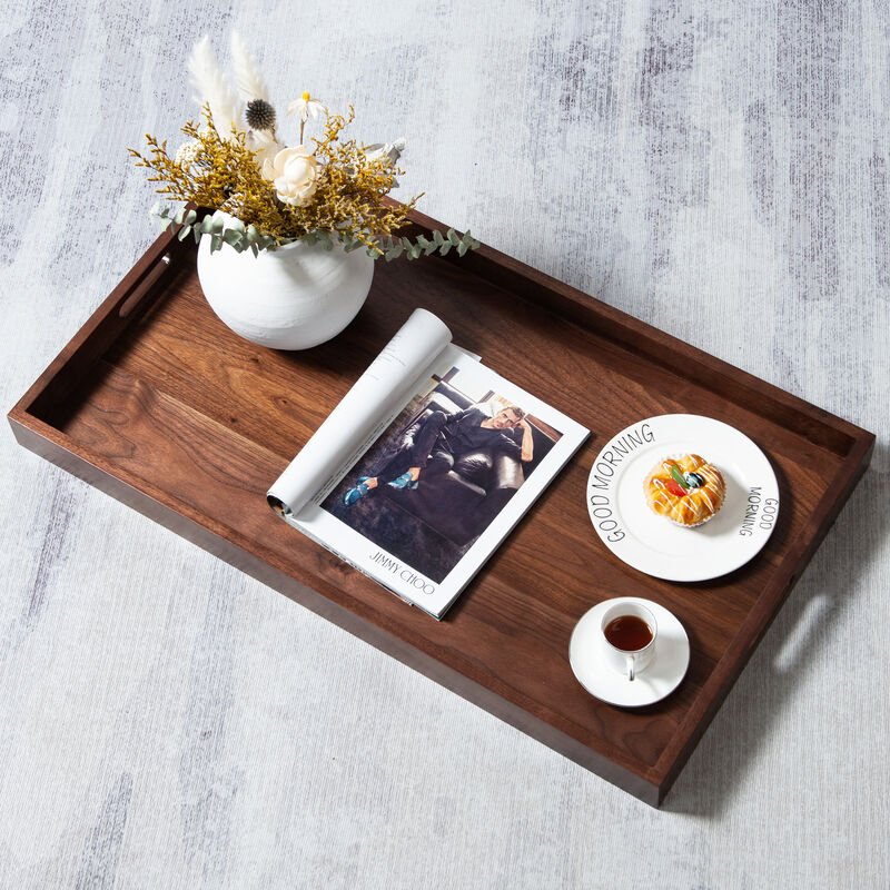 KINWELL Rectangle Black Walnut Wood Serving Tray Ottoman Tray image number 7