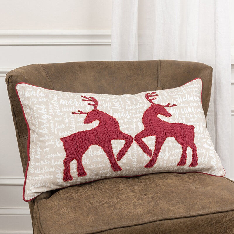 Homezia Cream and Red Christmas Deer Lumbar Throw Pillow