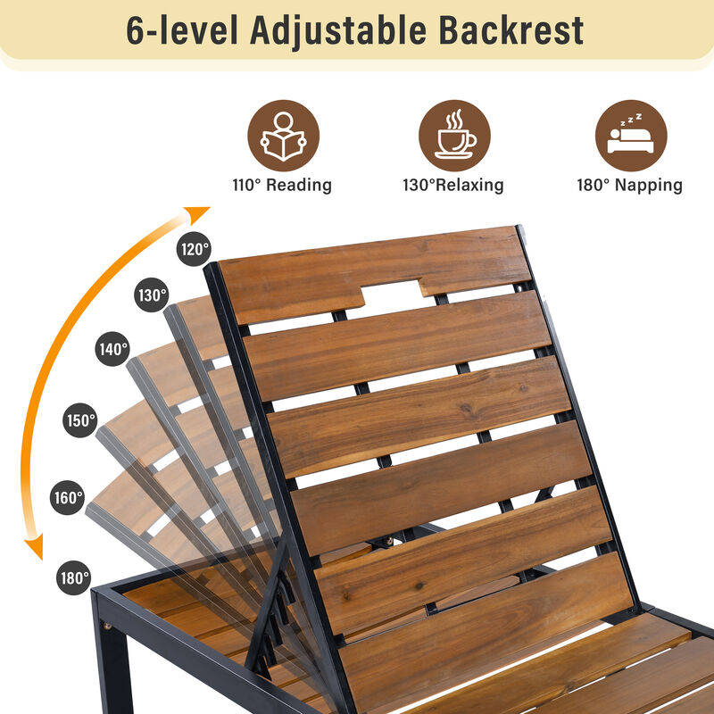 Merax Outdoor Chaise Lounge | 6-Position Adjustable Backrest, Steel Frame with Acacia Wood Slat Seat image number 3