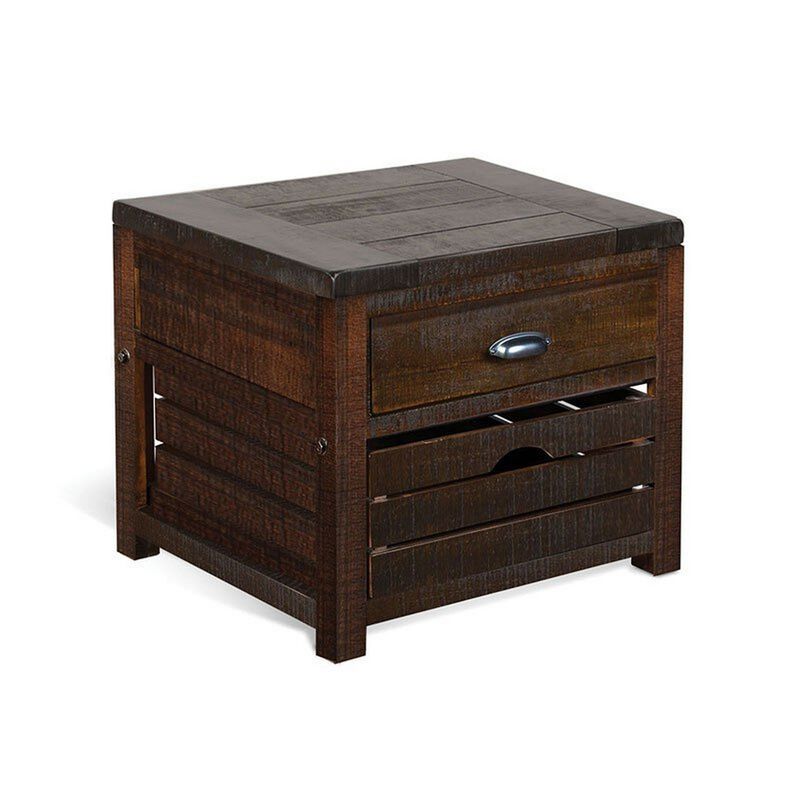 Flint End Table, 1 Drawer, 1 Crate, Dark Brown Mahogany Wood, 26 Inch