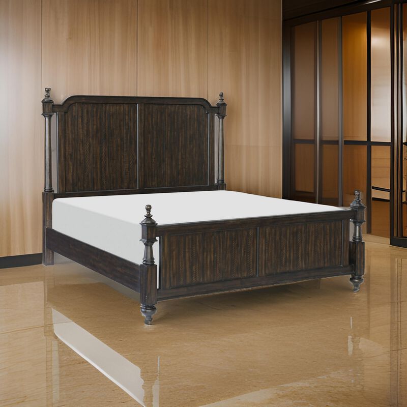 Berey Queen Bed, Classical Column Pilasters, Driftwood Dark Brown Finish