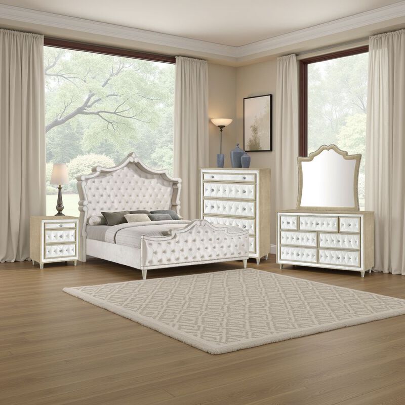 Lino 5 Piece Queen Bedroom Set, Classic Ivory White Velvet Upholstery
