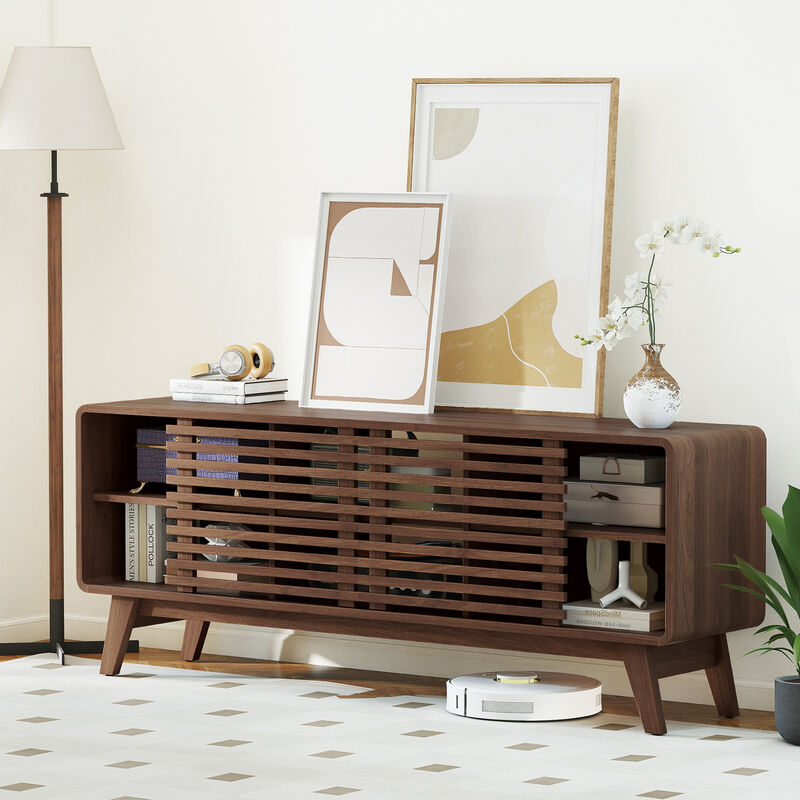 Modern TV Stand with Sliding Doors & Adjustable Shelves for Living Room-Walnut image number 3