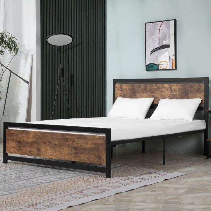 Hivvago Queen Size FarmHouse Metal Wood Platform Bed Headboard Footboard