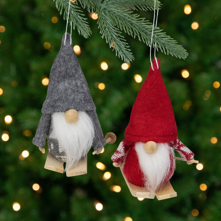 Set of 2 Red and Gray Skiing Gnomes Christmas Ornaments 5"