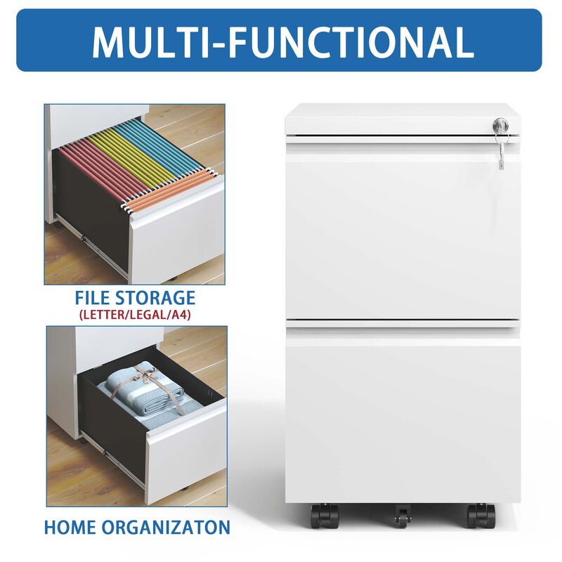 2 Drawer Metal Mobile File Cabinet, Rolling File Cabinet with Lock for Hanging Legal/Letter/A4 Size,Fully Assembled Except Wheels image number 4