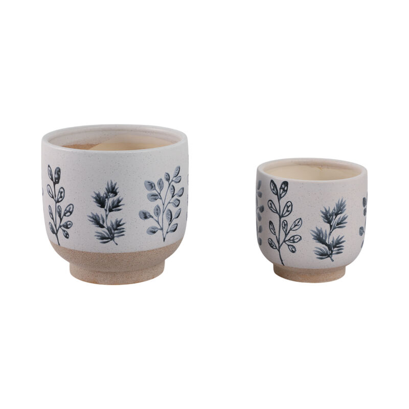 S/2 6/8" Hand Painted Leaves Planters, White/blue image number 3