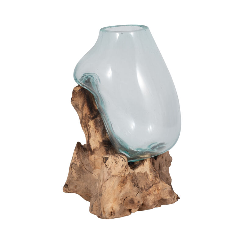 Glass 14"h Vase In Wood Stand, Brown image number 2