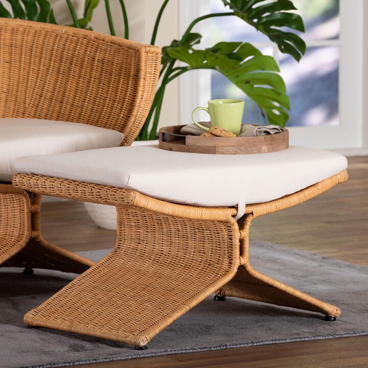 bali & pari Reya Natural Rattan Footstool - Sculptural Handwoven Ottoman with Pedestal Base for Boho, Coastal, or Tropical Lounge and Living Spaces