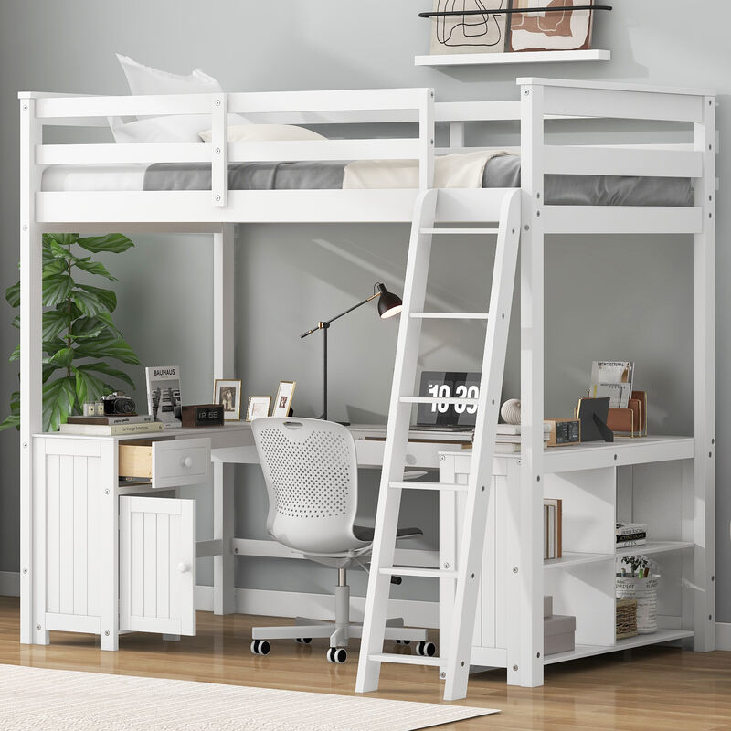 Whisen Elegant Design Full Size Loft Bed with Desk, Drawers and Storage Shelves