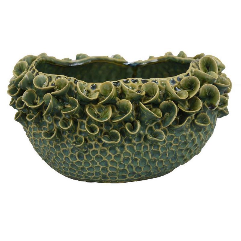 Nina Decorative Bowl, Textured Green Ceramic, Abstract Floral 13 Inch - Benzara