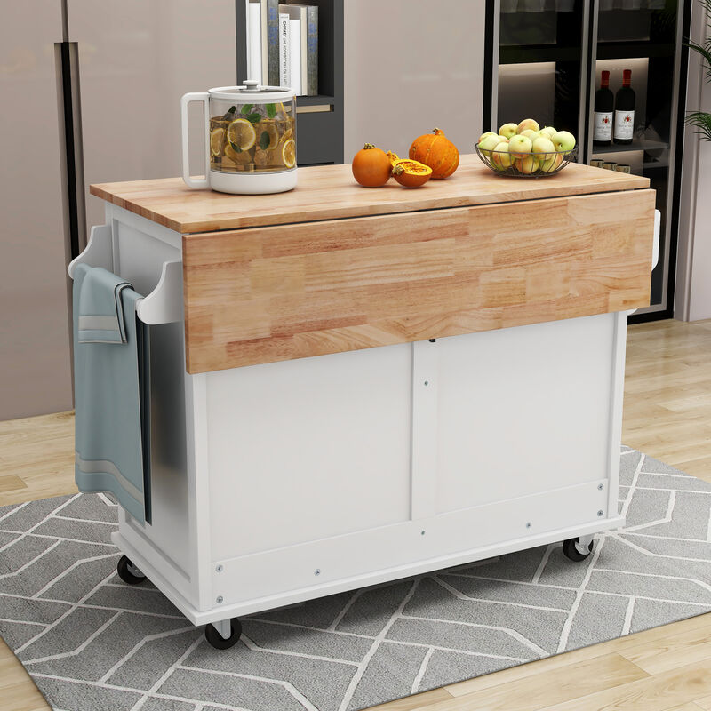 Whisen Modern Kitchen Island with Rubber wood Drop-Leaf Countertop and Storage Cabinet - White