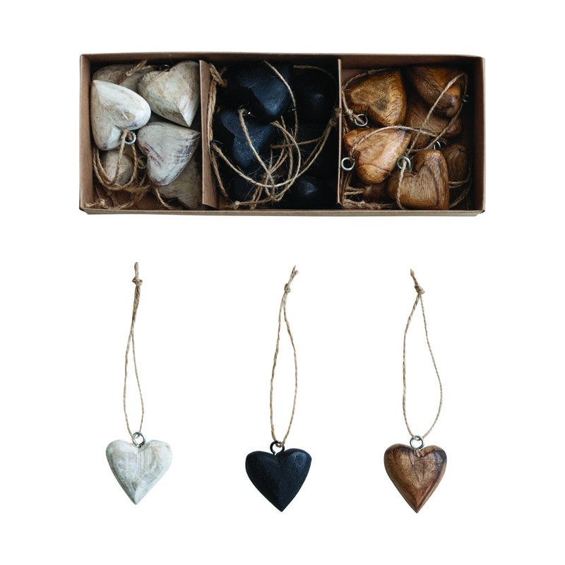 24-Piece Mango Wood Heart Ornaments with Jute Hangers, Natural, Black and Whitewashed image number 0