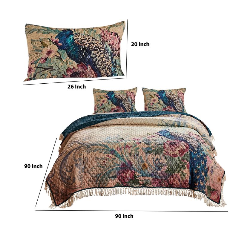 3 Piece Queen Size Quilt Set with Floral Print and Crochet Trim, Multicolor - Benzara
