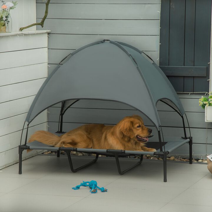 Shaded Canine Comfort: 48" Gray Elevated Dog Bed with UV Canopy