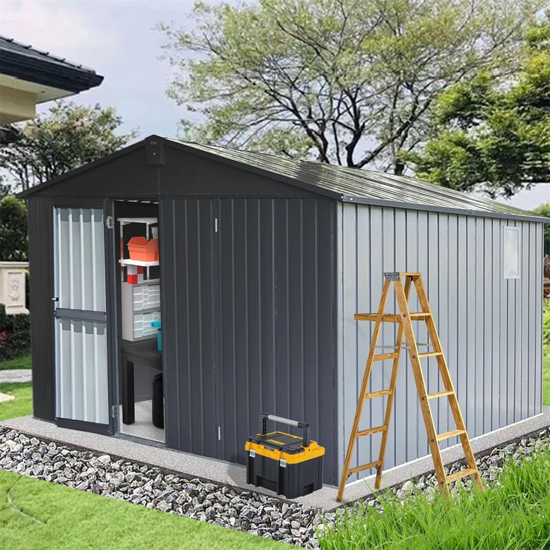 CLIHOME 11x12.5Ft Patio Galvanized Steel Frame Storage Shed,Garden Shed Metal Utility Tool Storage Room with Double Lockable Doors image number 2