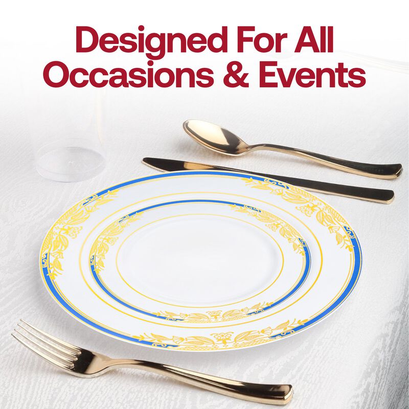 White with Blue and Gold Harmony Rim Plastic Dinnerware Value Set (40 Sets) image number 7