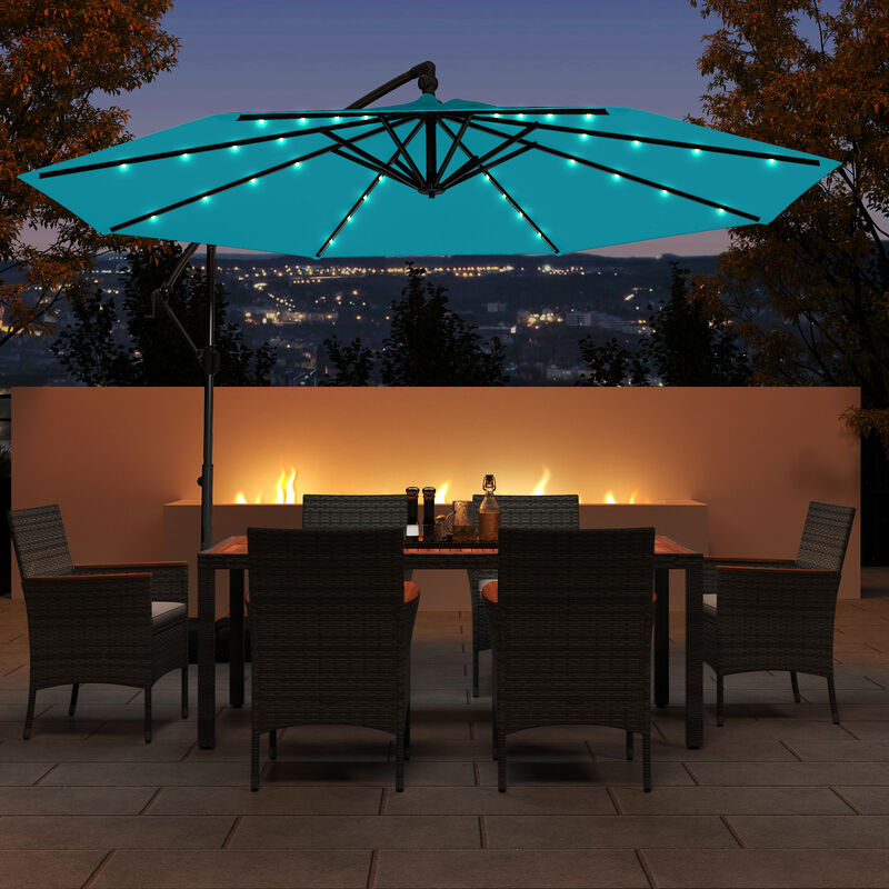 Solar Offset Umbrella with 32 LED Lights &ndash; Hanging Patio Shade with Base