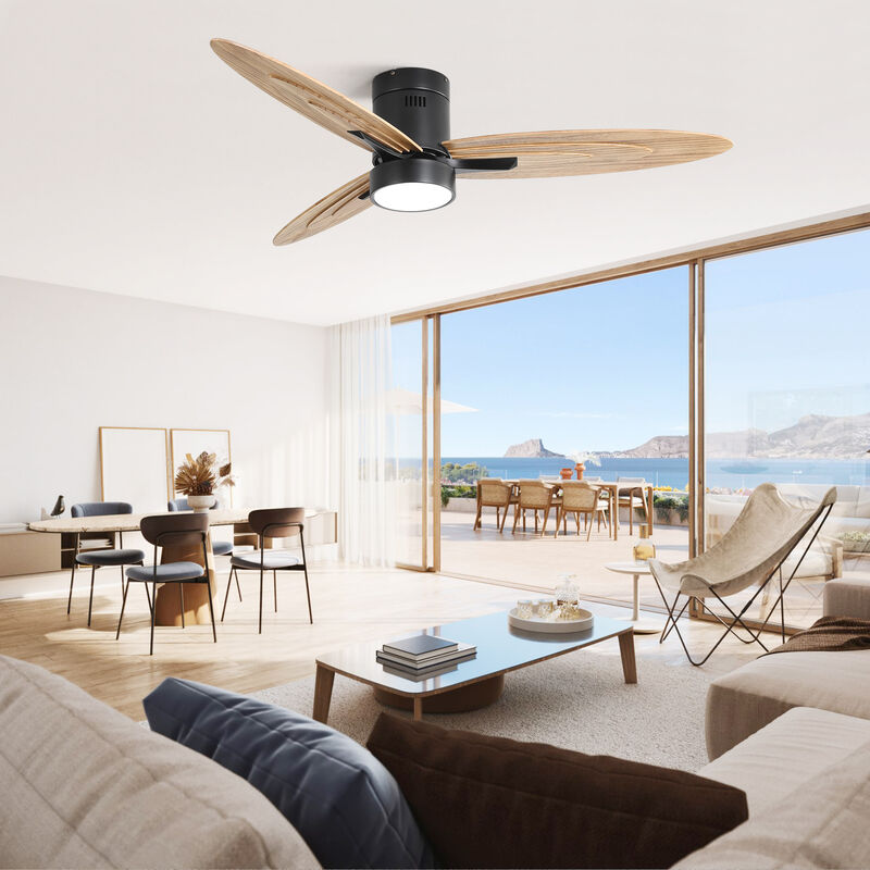 56" Modern Design Flush Mount Ceiling Fan with Light and Remote Control, 3 Solid Wood Blades image number 7