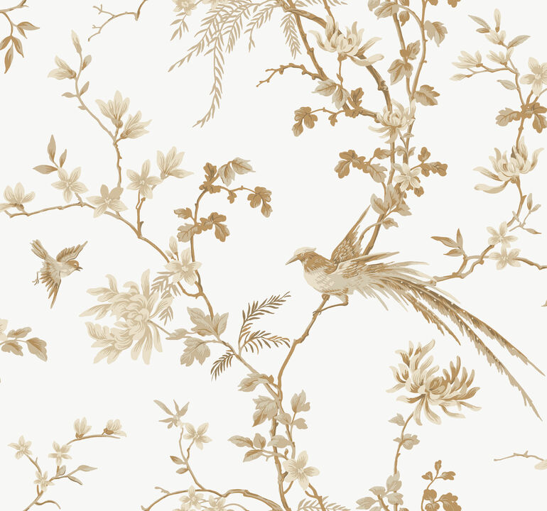 Bird & Blossom Chinoserie White & Gold Wallpaper