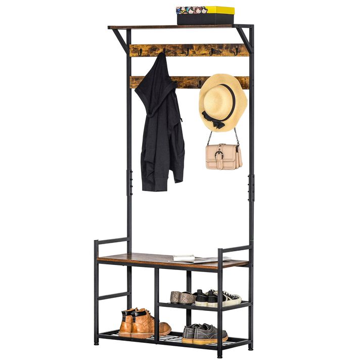 Brown/Black Organizer: Hallway Tree Bench with Hooks and Shelves