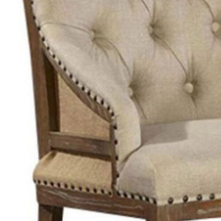 28 Inch Dining Chair, Button Tufted Backrest, Nailhead Trim, Beige Linen-Benzara