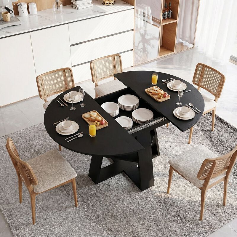 Extendable Round Dining Table for 4-8 People with Storage Shelf image number 7