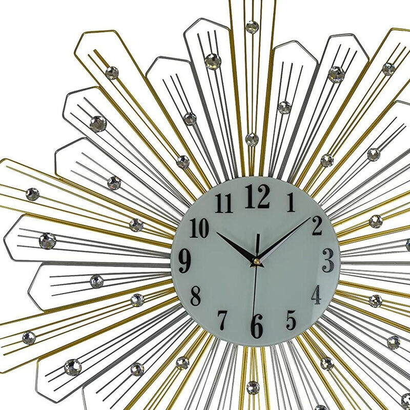 HomeRoots 27" Gold Silver And Metal And Faux Crystals Silent Analog Sunburst Wall Clock image number 3