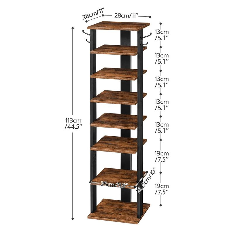 Vertical Shoe Storage Rack with 8 Tiers and Side Hooks for Organization- Brown image number 2