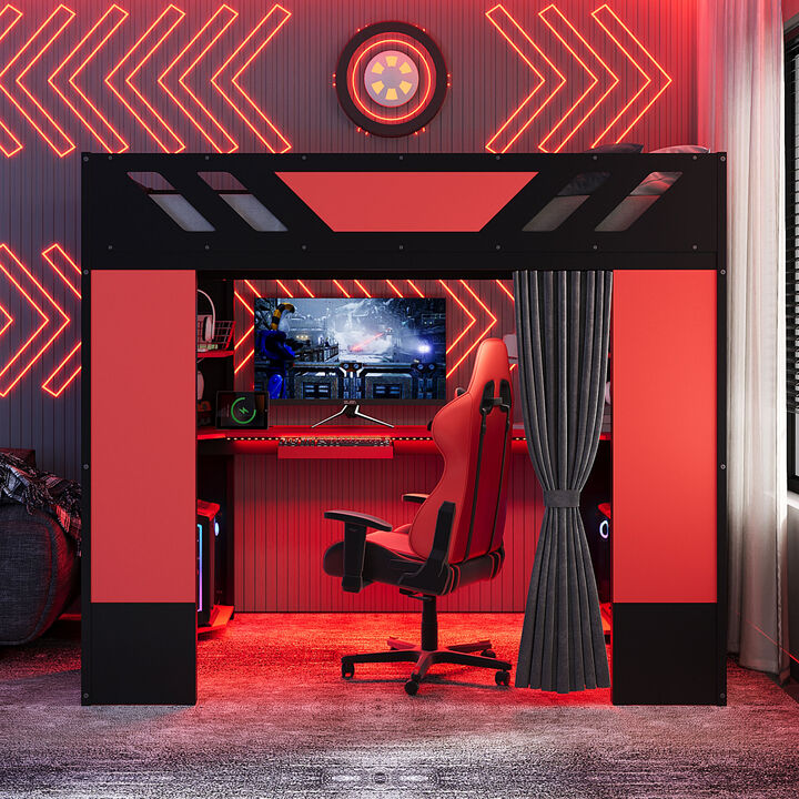Merax Full Size All-in-One Wood Loft Bed with Workstation & RGB Lights