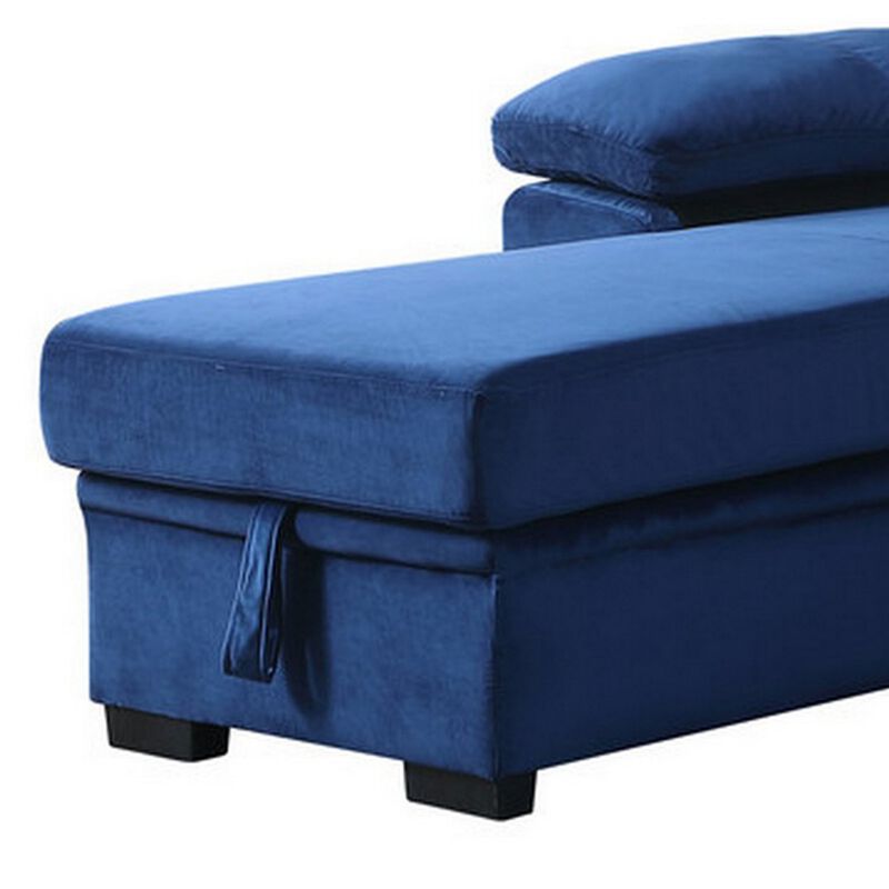 Exie 98 Inch 2 Piece Sectional Sofa, Pull Out Bed, Storage, Blue Velvet-Benzara