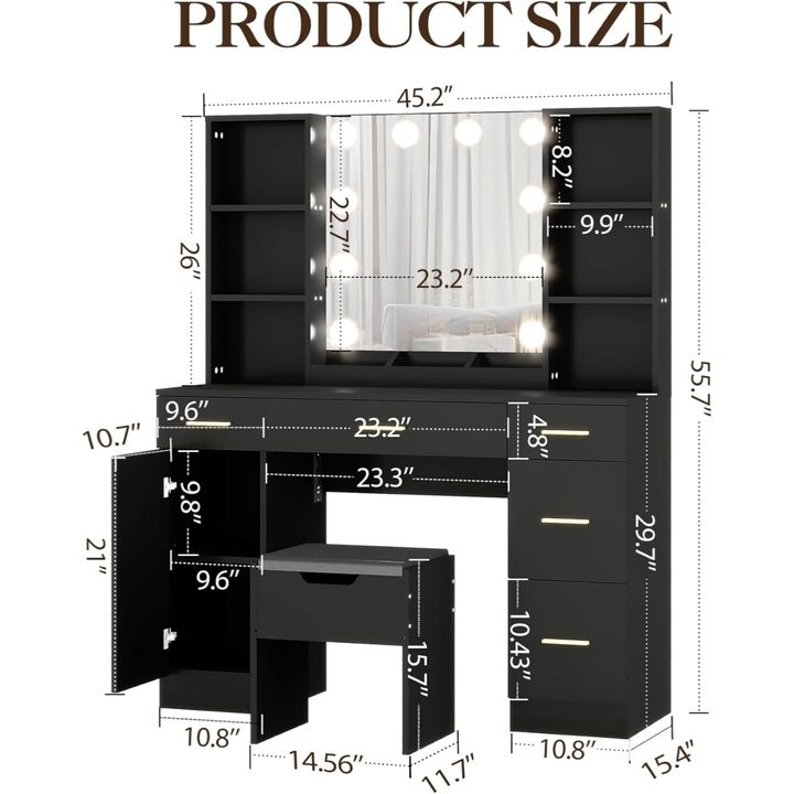 Vanity Desk Table With Mirror and Lights for Women Girls, Makeup Vanity Desk with Power,Large Makeup Vanity Cabinets, Vanity Table With Stool for Bedroom, Dressing Room