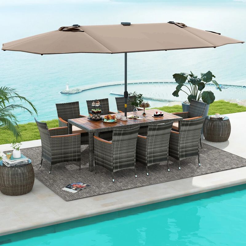 Mondawe 9-Piece Patio Dining Set,71" Acacia Table With 15ft Solar LED Umbrella & PE Rattan Chairs