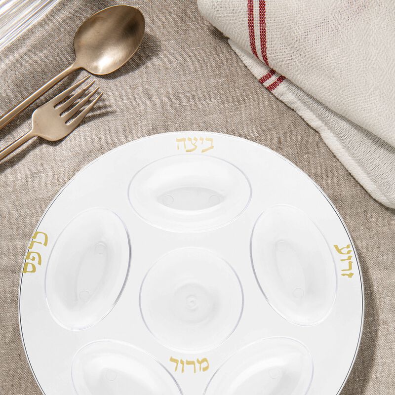 12" Clear with Gold Round Section Tray Plastic Seder Plates (24 Plates) image number 7