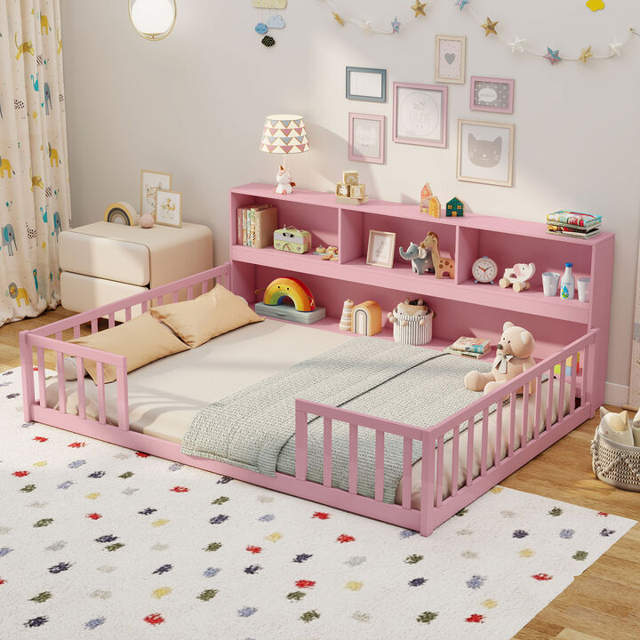 Wooden Floor Bed Frame with Bookcase for Kids Room