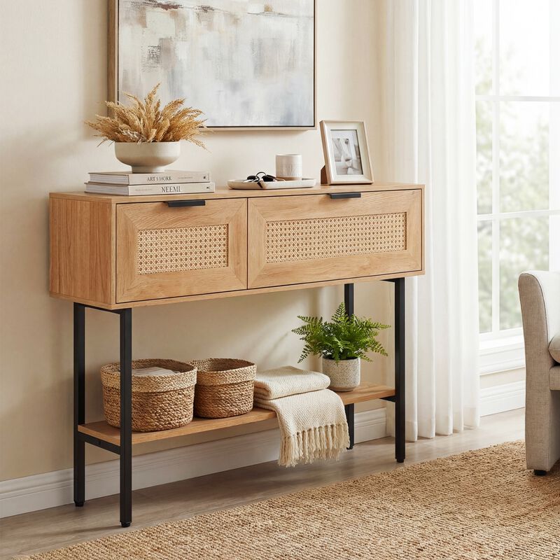 Rattan Entryway Console Table with Storage Cabinets Shelf and Metal Frame image number 4