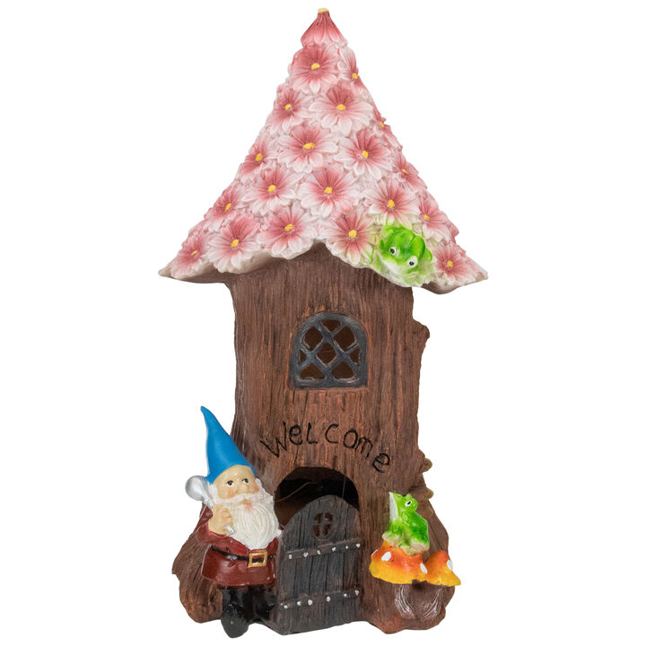 14" Solar Lighted Bless Our Home Gnome Tree House Outdoor Garden Statue