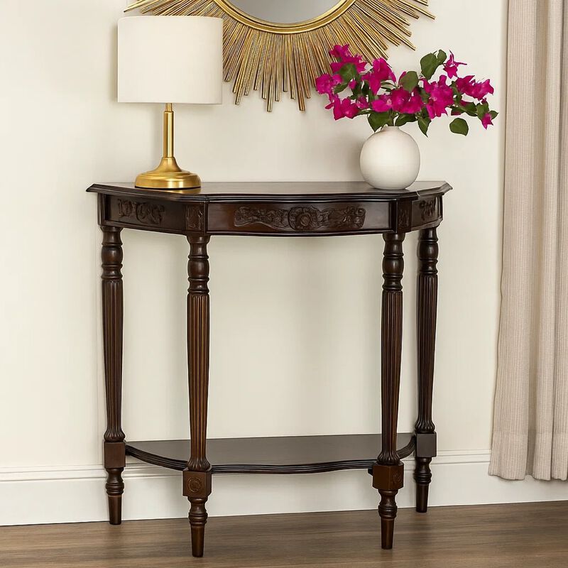 Half Crescent Moon Shape Engraved Wooden Console Table with 1 Drawer,Brown