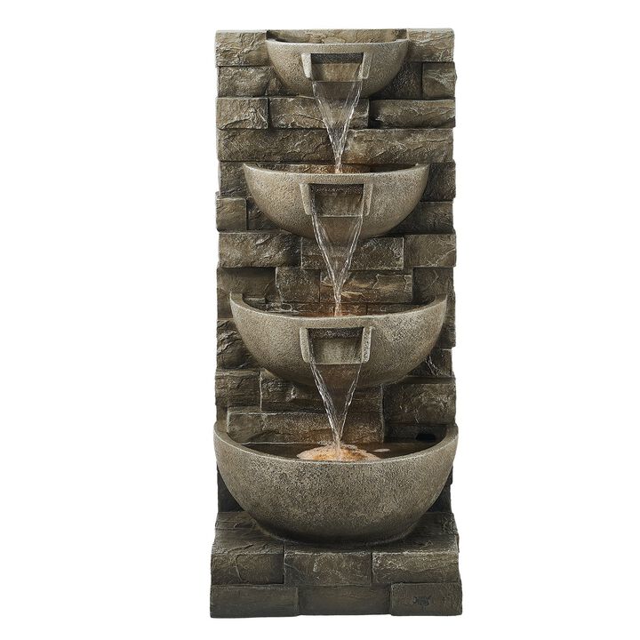 4-Tier Waterfall Fountain with Built-In LED Lights, Floor Standing Water Feature for Patio Garden-Concrete Grey