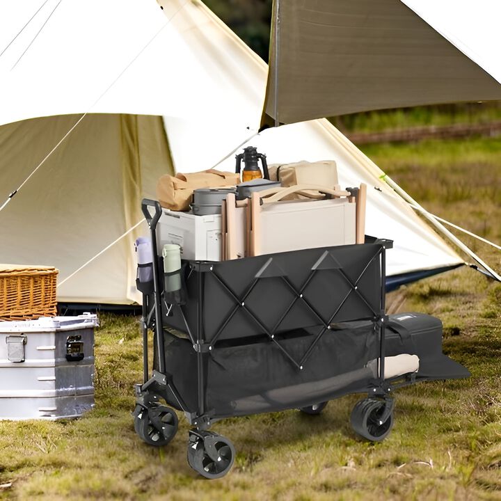 Folding Double Decker Utility Wagon Cart with All-Terrain Wheels for Beach, Garden & Camping-Black