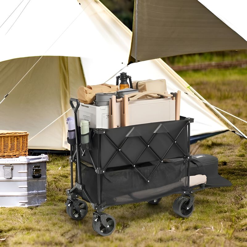 Folding Double Decker Utility Wagon Cart with All-Terrain Wheels for Beach, Garden & Camping-Black image number 1