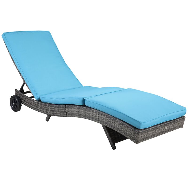 Patio Wicker Cushioned Chaise Lounge Chair, Outdoor PE Rattan Sun lounger w/ 5-Level Adjustable Backrest & Wheels for, Sky Blue image number 1